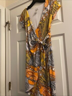 Cache Yellow Paisley faux Wrap Dress with Knot Front XS